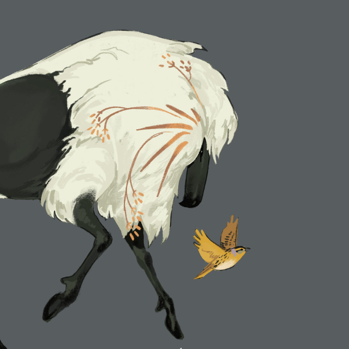 irene is shaped like a bison, with grass sprouting from her head. she has a beak, and chases after a sparrow