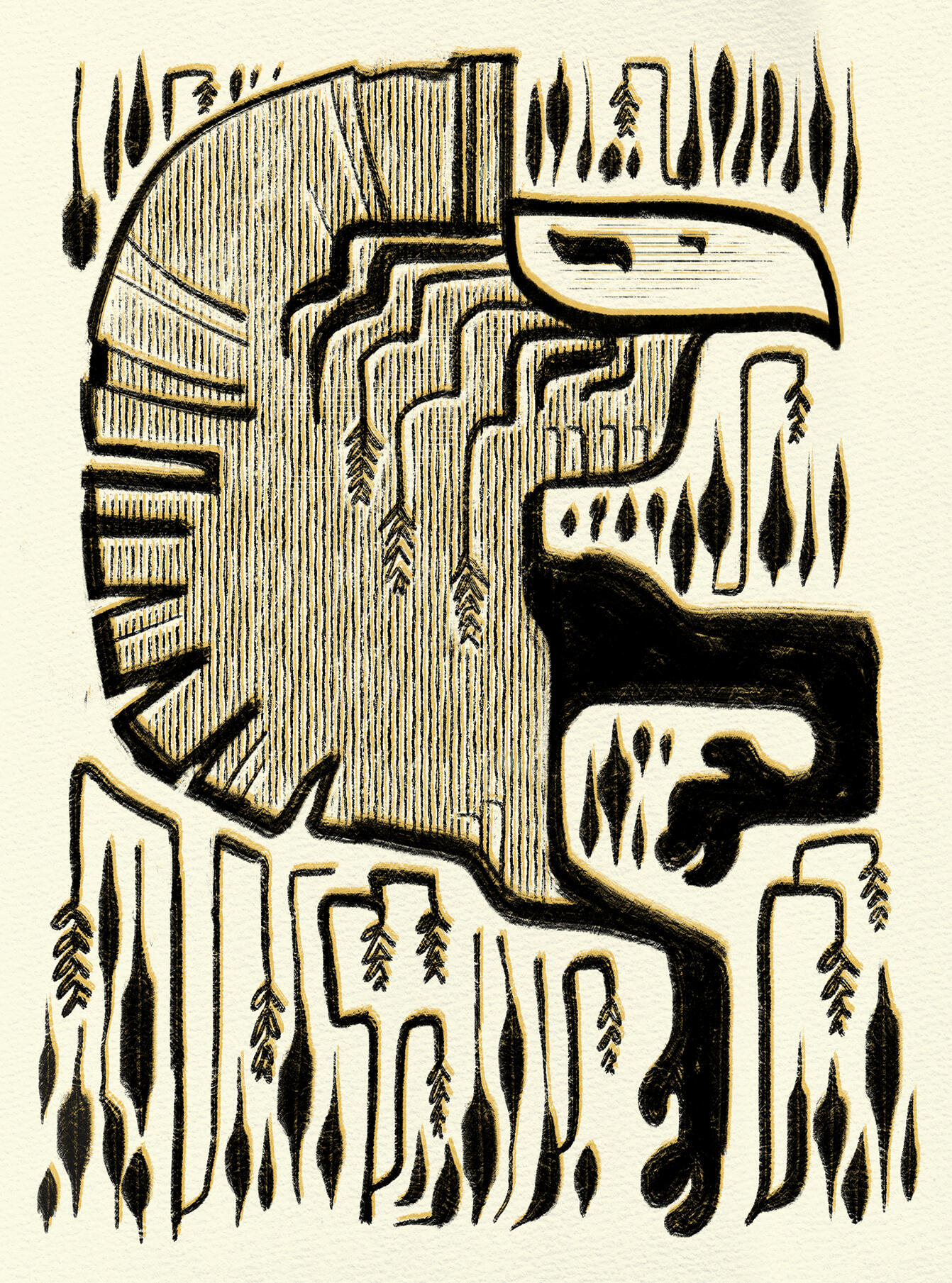 a hooved creature, grass on her head, prances in a stylized drawing emulating a woodcut